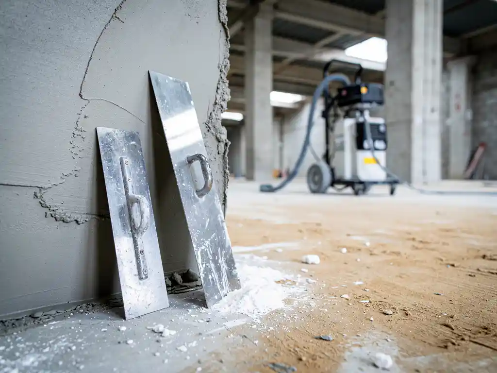 Spachtel en troffel tegen handgepleisterde muur naast moderne spuitplestermachine in commercieel gebouw, betonnen kolommen op achtergrond.