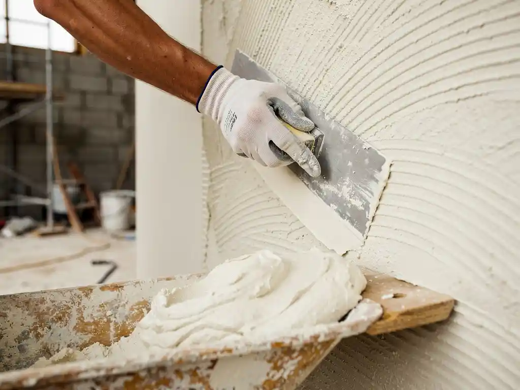 Gehandschoende hand die verse witte stucco gladstrijkt op een gemêleerde muur, met een houten spaan vol pleister op de achtergrond.