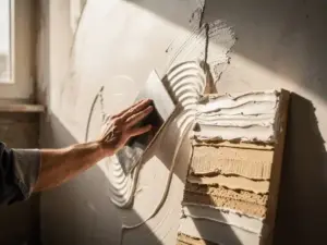Vakman die met een strijkspaan witte stucco aanbrengt op een muur, met een gelaagd staalboard op de achtergrond in warm zijlicht.