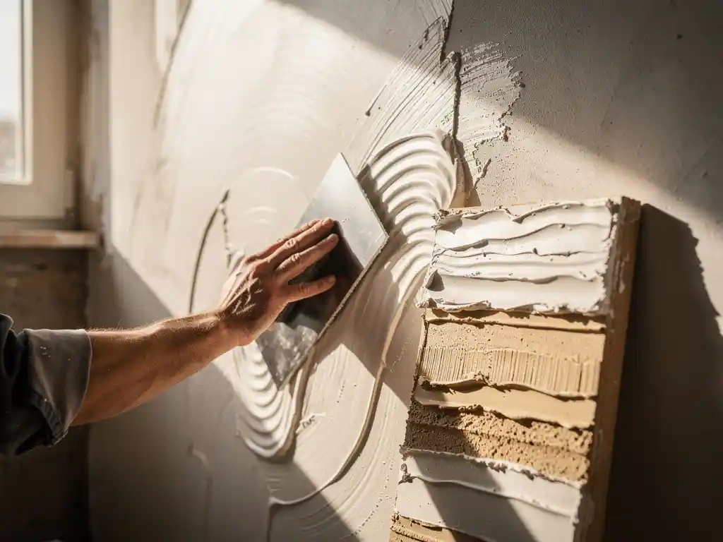 Vakman die met een strijkspaan witte stucco aanbrengt op een muur, met een gelaagd staalboard op de achtergrond in warm zijlicht.