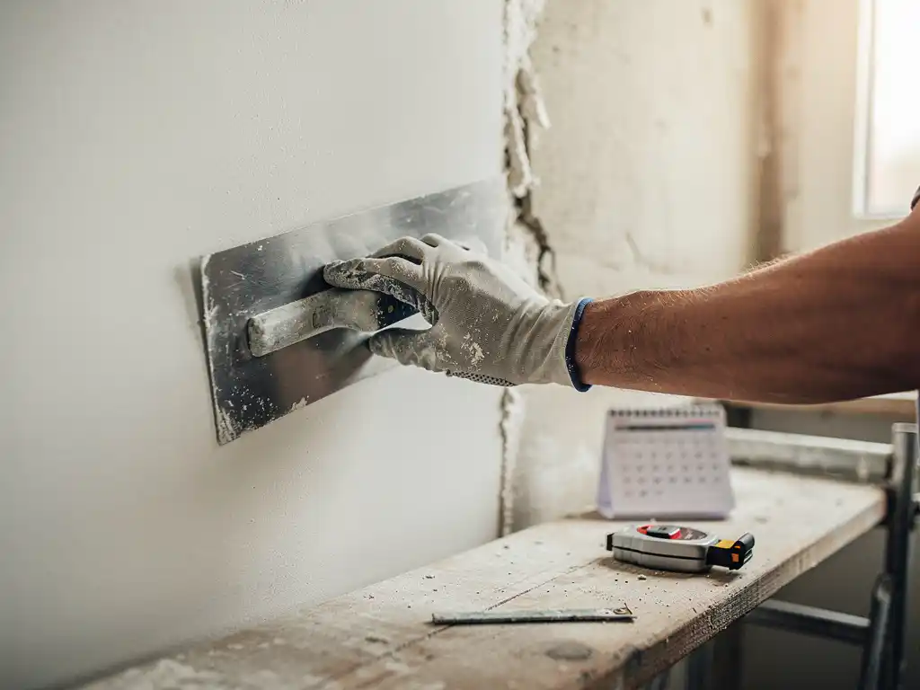 Gehandschoende hand van een stukadoor die een stalen troffel tegen een vers gepleisterde witte muur drukt, met ruw onafgewerkt pleisterwerk ernaast.