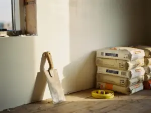 Stukadorstroffel tegen glad gepleisterde witte muur in Nederlandse woning in aanbouw, zakken pleistermix en meetlint op houten vloer.