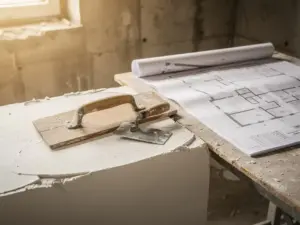 Versleten houten vlotter en stalen spaan op vers gepleisterde muur, met bouwplattegrond op stoftige werktafel op de achtergrond.