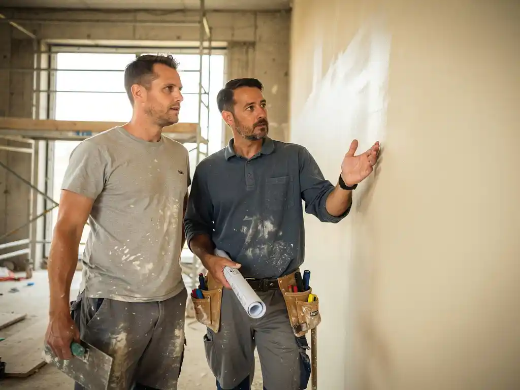 Stukadoor en aannemer bekijken samen een gladgestreken pleisterwand op een actieve bouwplaats, met steigers op de achtergrond.