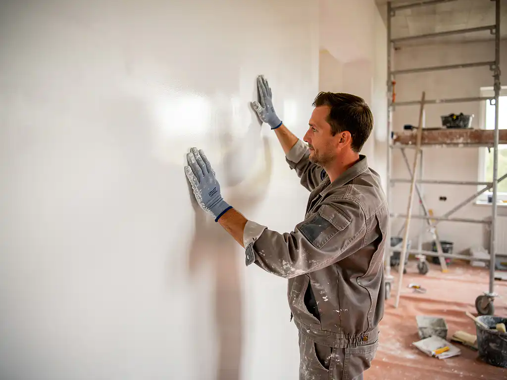 Stukadoor inspecteert gladgestreken witte muur in Nederlandse woning, met gehandschoende hand over het pleisterwerk strijkend.