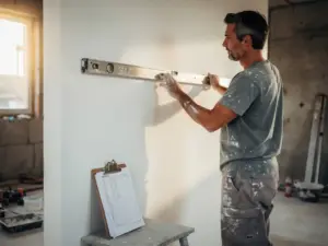 Stukadoor die een vers gepleisterde muur opmeet met een waterpas, klembord met notities tegen de plint, bouwplaats op de achtergrond.