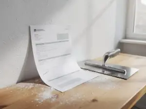 Stucwerkofferte op een gladgepleisterde witte muur, naast een professionele stucspaan en hawk board op een houten werkbank.