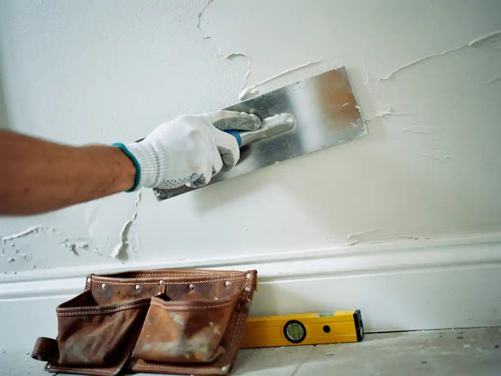 Gehandschoende hand die met staalspaan verse pleisterlaag gladstrijkt op witte muur, met gereedschapsriem en waterpas tegen de plint.