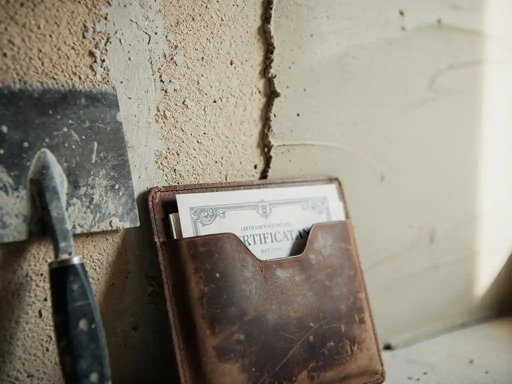 Versleten leren map met vakdiploma's naast een pleisterspaan en havistvlak op een vers gepleisterde muur.
