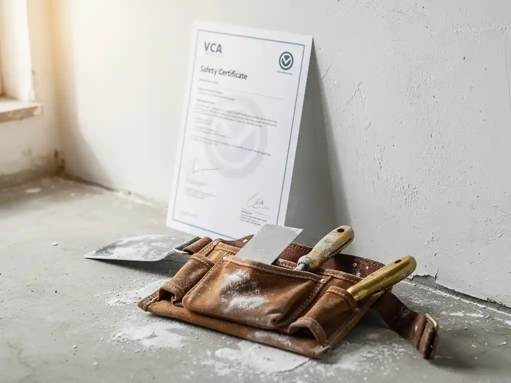 VCA-veiligheidscertificaat tegen een vers gepleisterde muur, met een versleten leren gereedschapsriem en pleisterspanen op de voorgrond.