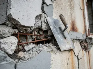 Verweerde betonmuur met blootliggend wapeningsstaal en scheuren, naast vers gerepareerde sectie met metselspaan.
