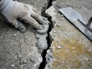 Gehandschoende hand die grijze reparatiemortel in een scheur van verweerd beton drukt, met truweel op het ruwe oppervlak.