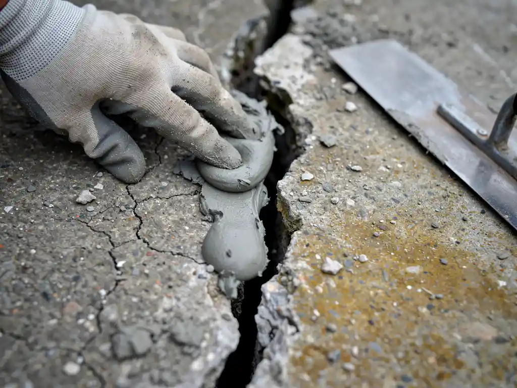 Gehandschoende hand die grijze reparatiemortel in een scheur van verweerd beton drukt, met truweel op het ruwe oppervlak.