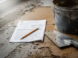 Technisch document en potlood op gerepareerd beton naast metselspatel en reparatiemortel emmer.