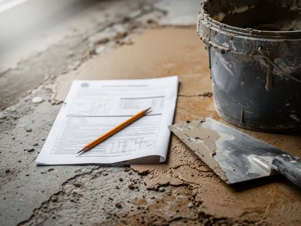 Technisch document en potlood op gerepareerd beton naast metselspatel en reparatiemortel emmer.