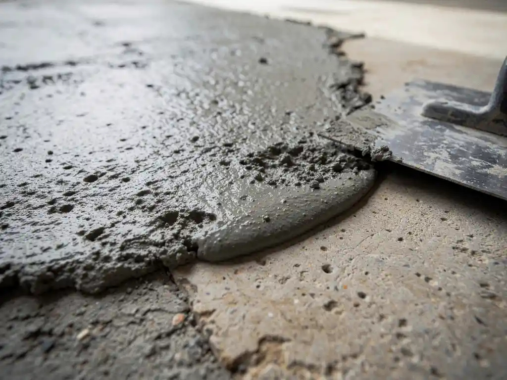 Vers gerepareerd betonoppervlak in uithardingsfase met vochtige glans, ruw grijs patchwerk en een metselspaan aan de rand.
