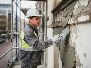 Vakman die betonreparatiemortel aanbrengt op verweerde gevel in Rotterdam, met truweel tegen ruw beton op steigers.