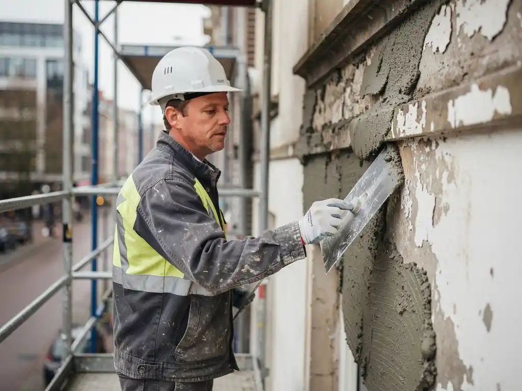 Vakman die betonreparatiemortel aanbrengt op verweerde gevel in Rotterdam, met truweel tegen ruw beton op steigers.