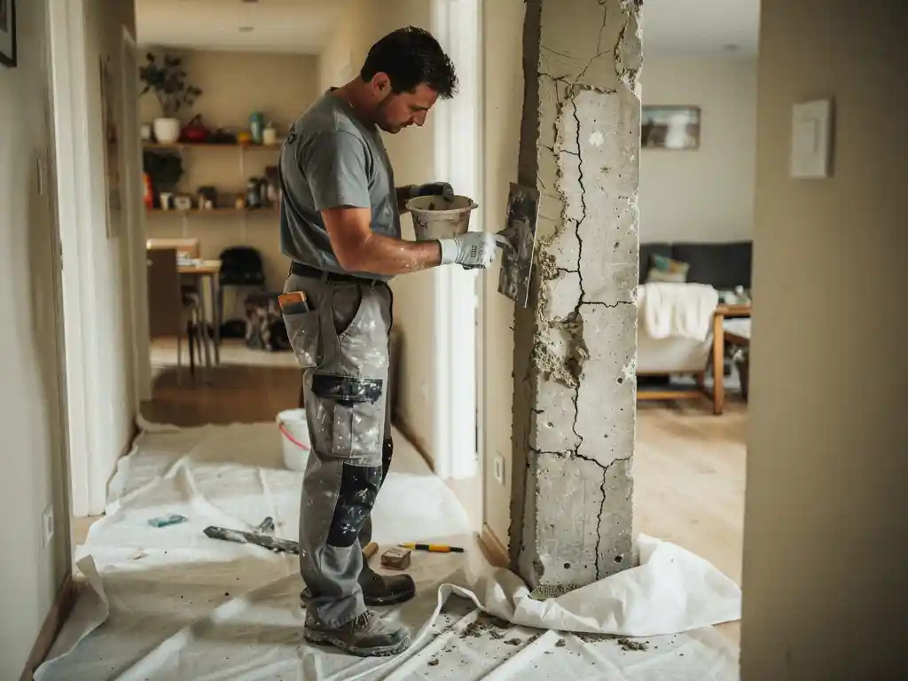 Stukadoor die betonreparatiemortel aanbrengt op een verweerde draagkolom in een bewoonde appartementhallway.