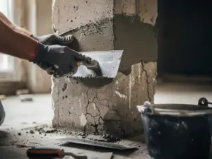 Vakman die betonreparatiemortel aanbrengt op verweerde structurele kolom, vers grijs patch naast gebarsten beton.