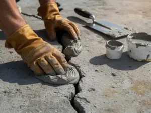 Handschoenen drukkende handen die reparatiemortel in gebarsten beton werken, met een stalen troffel en plamuuremmers op de ruwe plaat.
