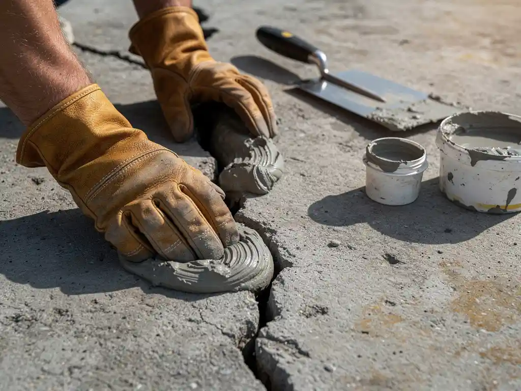 Handschoenen drukkende handen die reparatiemortel in gebarsten beton werken, met een stalen troffel en plamuuremmers op de ruwe plaat.