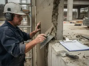 Vakman die reparatiemortel in een ruwe betonnen wand verwerkt op een nieuwbouwlocatie, met steigers en onafgewerkte betonvloeren op de achtergrond.