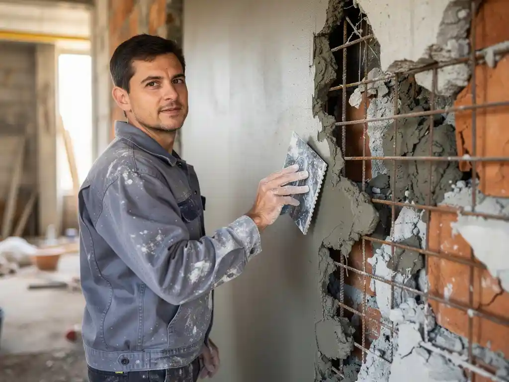 Vakman die reparatiemortel aanbrengt op beschadigde betonnen muur met structurele scheuren en blootliggend wapeningsstaal.