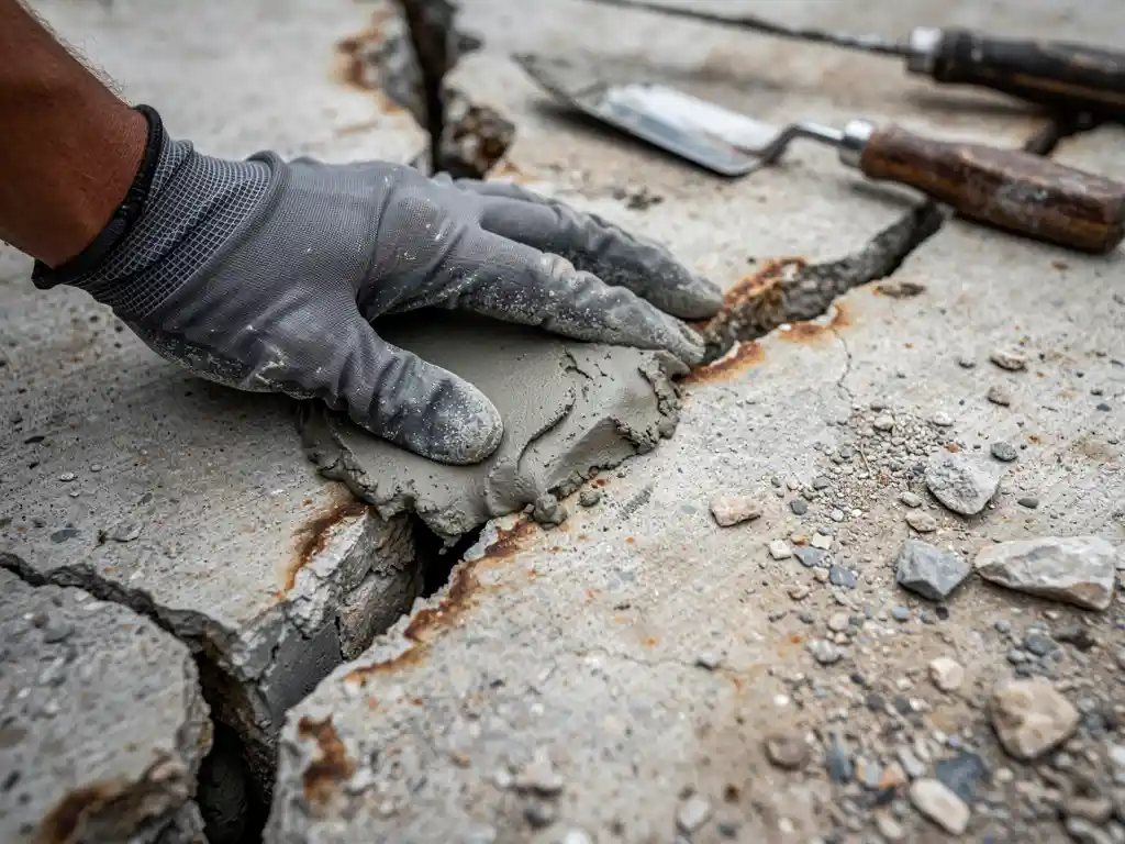 Gehandschoende hand die reparatiemortel in een scheur in verweerd beton drukt, met zichtbare afschilfering en gereedschap op de ondergrond.
