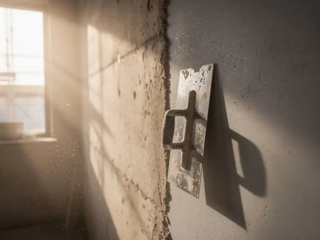 Metselaarstroffel tegen gerepareerde betonnen muur waar ruw oud beton overgaat in glad gerestaureerd oppervlak, zachte ochtendlicht.