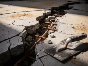 Ernstig beschadigd betonoppervlak met diepe scheuren, afbladderende randen en roestig wapeningsstaal, met een pleisterspatel op de vloer.