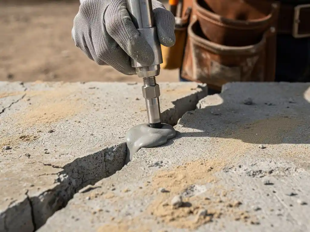 Gehandschoende hand die reparatiemiddel in een scheur in verweerd beton injecteert met precisienozzle, close-up daglicht.