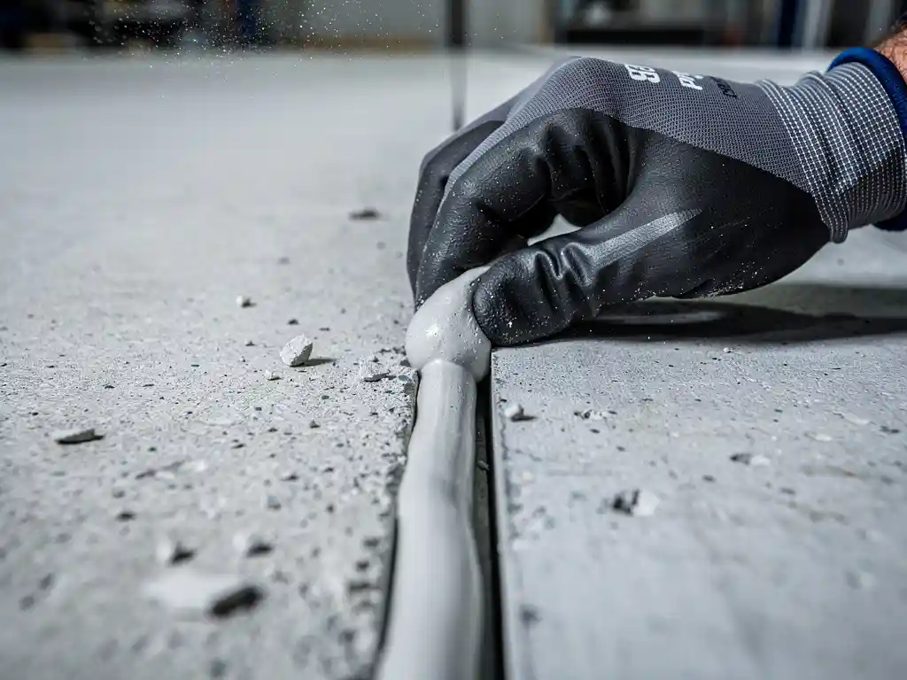 Gehandschoende hand die grijze kit aanbrengt in een voeg tussen twee prefab betonpanelen, close-up in werkplaatsverlichting.