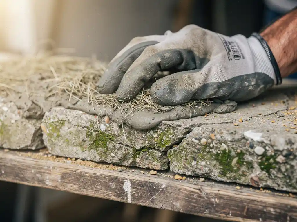 Gehandschoende hand die bio-gebaseerde reparatiemortel met hennepvezel in verweerd betonoppervlak drukt, zachte daglichtinval.