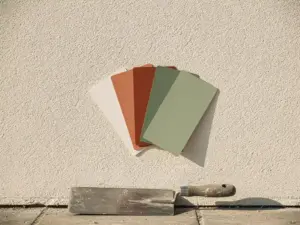 Gepleisterde buitenmuur met spuitpleister textuur, waaier van verfstalen in terracotta en saliegroen, pleistertroffel aan de voet.