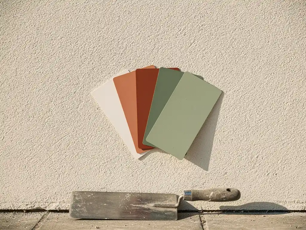 Gepleisterde buitenmuur met spuitpleister textuur, waaier van verfstalen in terracotta en saliegroen, pleistertroffel aan de voet.