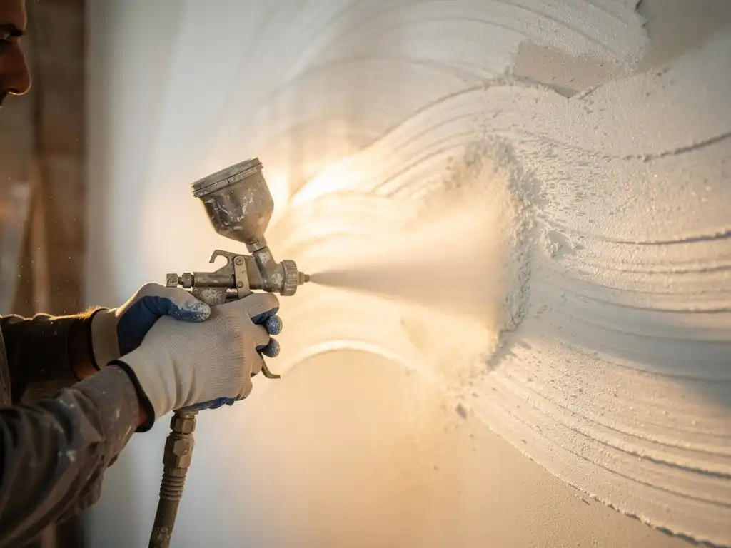 Vakman spuit witte stucco op een binnenmuur met een professionele spuitpleistermachine, warme werkplaatsverlichting.
