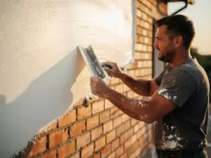 Stukadoor brengt witte stucco aan op bakstenen buitenmuur met troffel, ruw metselwerk naast gladde afwerking in warm middaglicht.