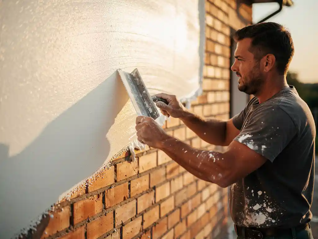 Stukadoor brengt witte stucco aan op bakstenen buitenmuur met troffel, ruw metselwerk naast gladde afwerking in warm middaglicht.