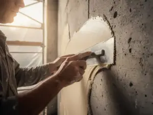 Stukadoor die reparatiemassa aanbrengt op een ruwe betonnen muur met een truweel, steigers zichtbaar op achtergrond.