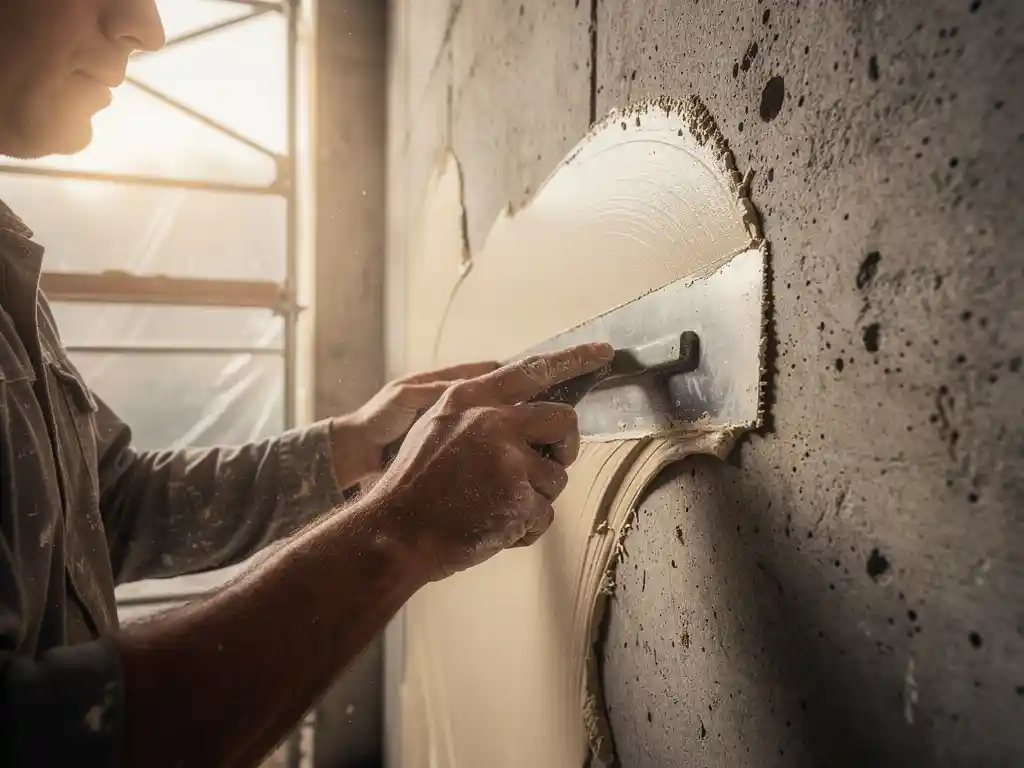 Stukadoor die reparatiemassa aanbrengt op een ruwe betonnen muur met een truweel, steigers zichtbaar op achtergrond.