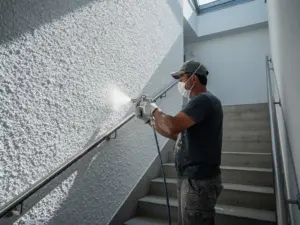 Stukadoor brengt gespoten spackafwerking aan op trappenhuis muur, ruwe witte textuur in zijlicht, betonnen trap en metalen leuning op achtergrond.