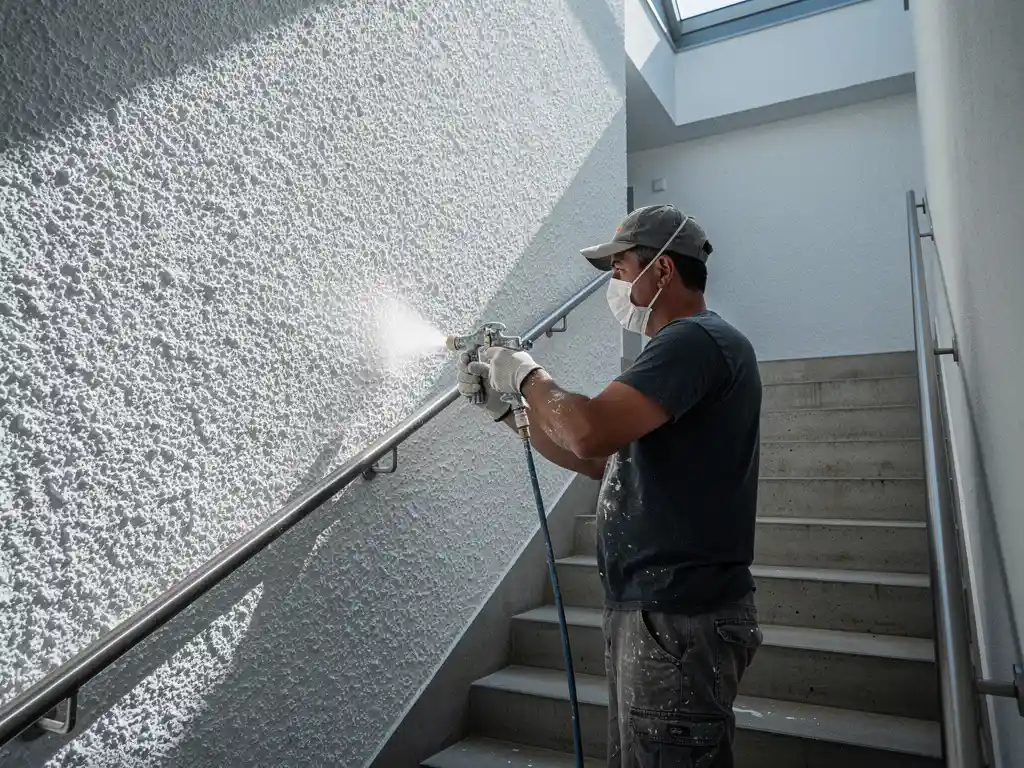 Stukadoor brengt gespoten spackafwerking aan op trappenhuis muur, ruwe witte textuur in zijlicht, betonnen trap en metalen leuning op achtergrond.