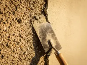 Metselaarstroffel tegen buitenmuur met links grof spuitpleister en rechts glad spuitpleister, verlicht door middagzon.