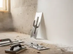 Metselspaan tegen een getextureerde muur met half ruw beton, half glad wit pleisterwerk, professionele gereedschappen op stoffige vloer.