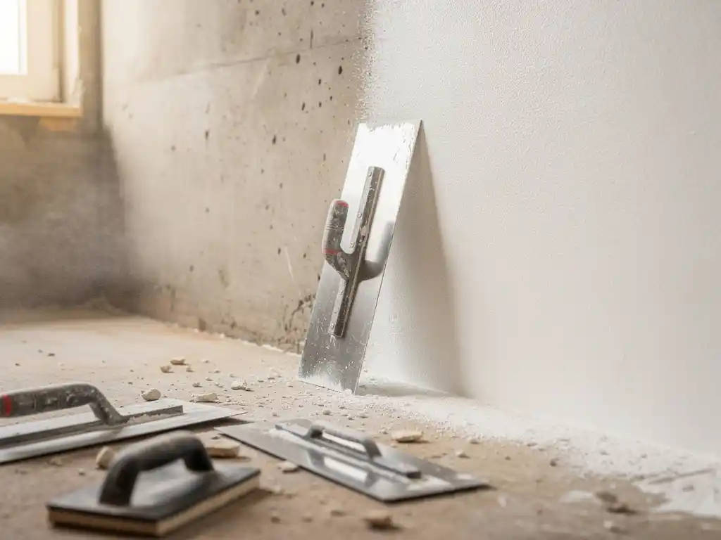 Metselspaan tegen een getextureerde muur met half ruw beton, half glad wit pleisterwerk, professionele gereedschappen op stoffige vloer.