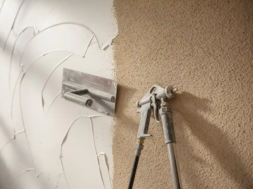 Pleistertroffel op glad handgepleisterde muur naast spuitpistool met fijn gespoten textuurafwerking, warme witte en zandbeige tinten.