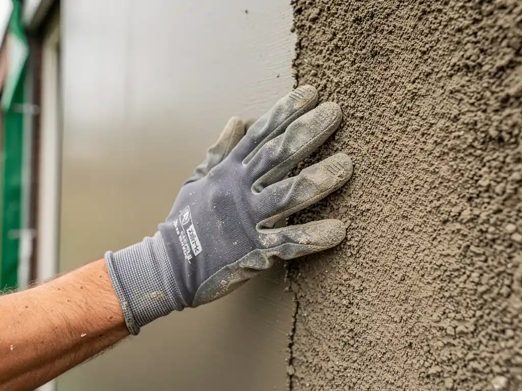 Gehandschoende hand die spuitpleister aanbrengt op buitengevel, met contrast tussen glad spak-spuitwerk en traditioneel pleisterwerk.