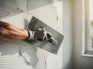 Gehandschoende hand die natte witte stucco gladstrijkt op een wand met een stalen spatel, warm natuurlijk licht in Nederlands interieur.