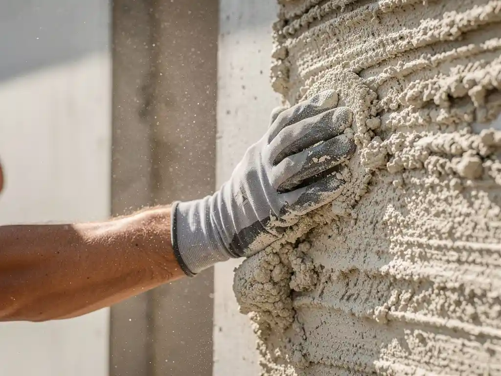 Gehandschoende hand die grof spuitpleister aanbrengt op betonnen buitenmuur, glad gestuukt paneel zichtbaar op achtergrond.